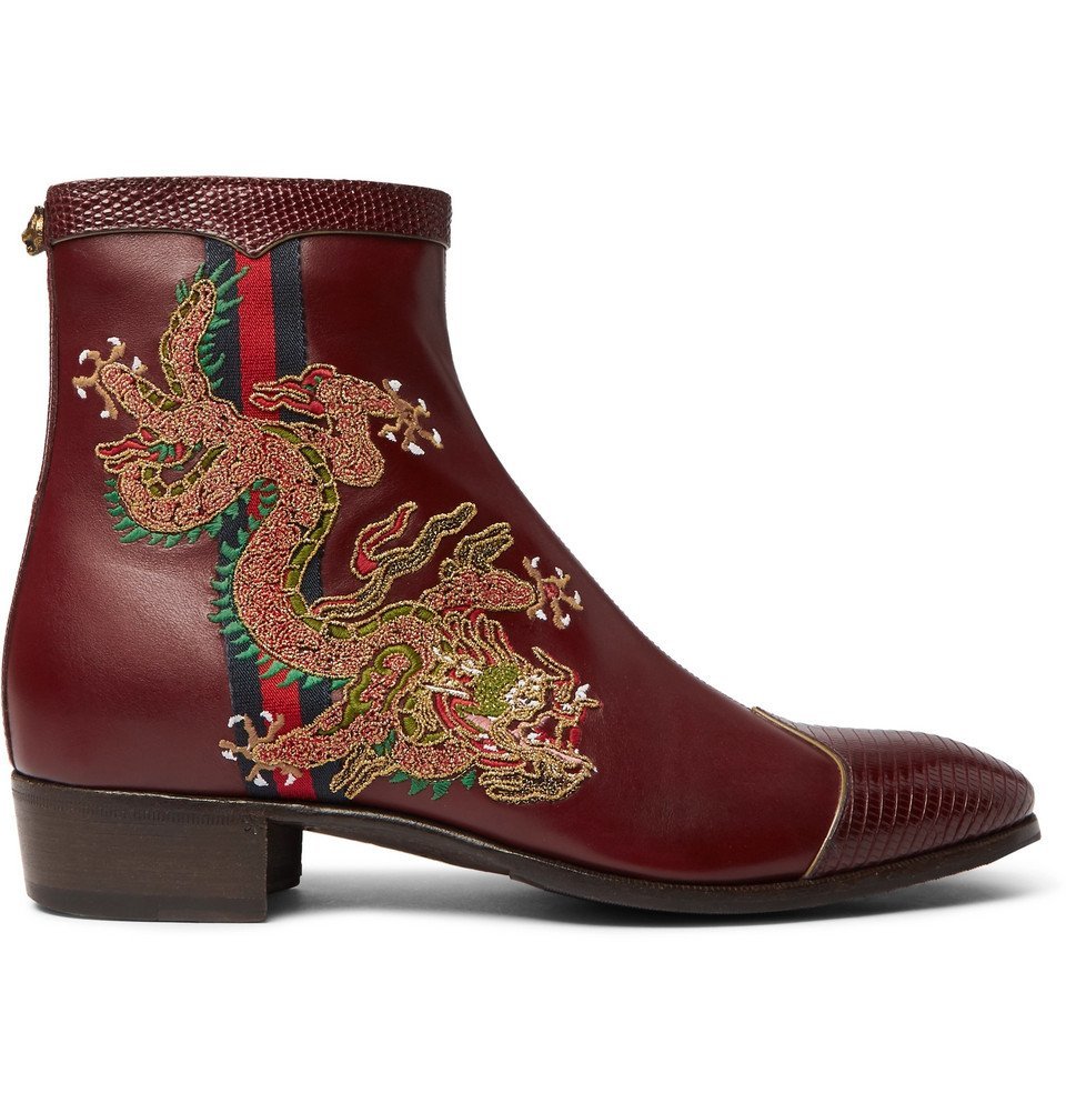 Gucci - Webbing-Trimmed Embroidered Leather Chelsea Boots - Men - Red Gucci