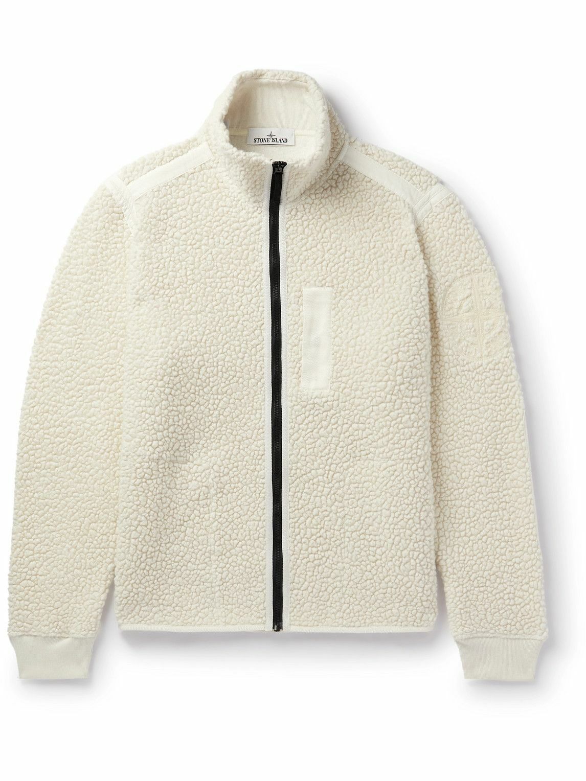 Photo: Stone Island - Logo-Embroidered Cotton Poplin-Panelled Wool-Blend Fleece Jacket - Neutrals