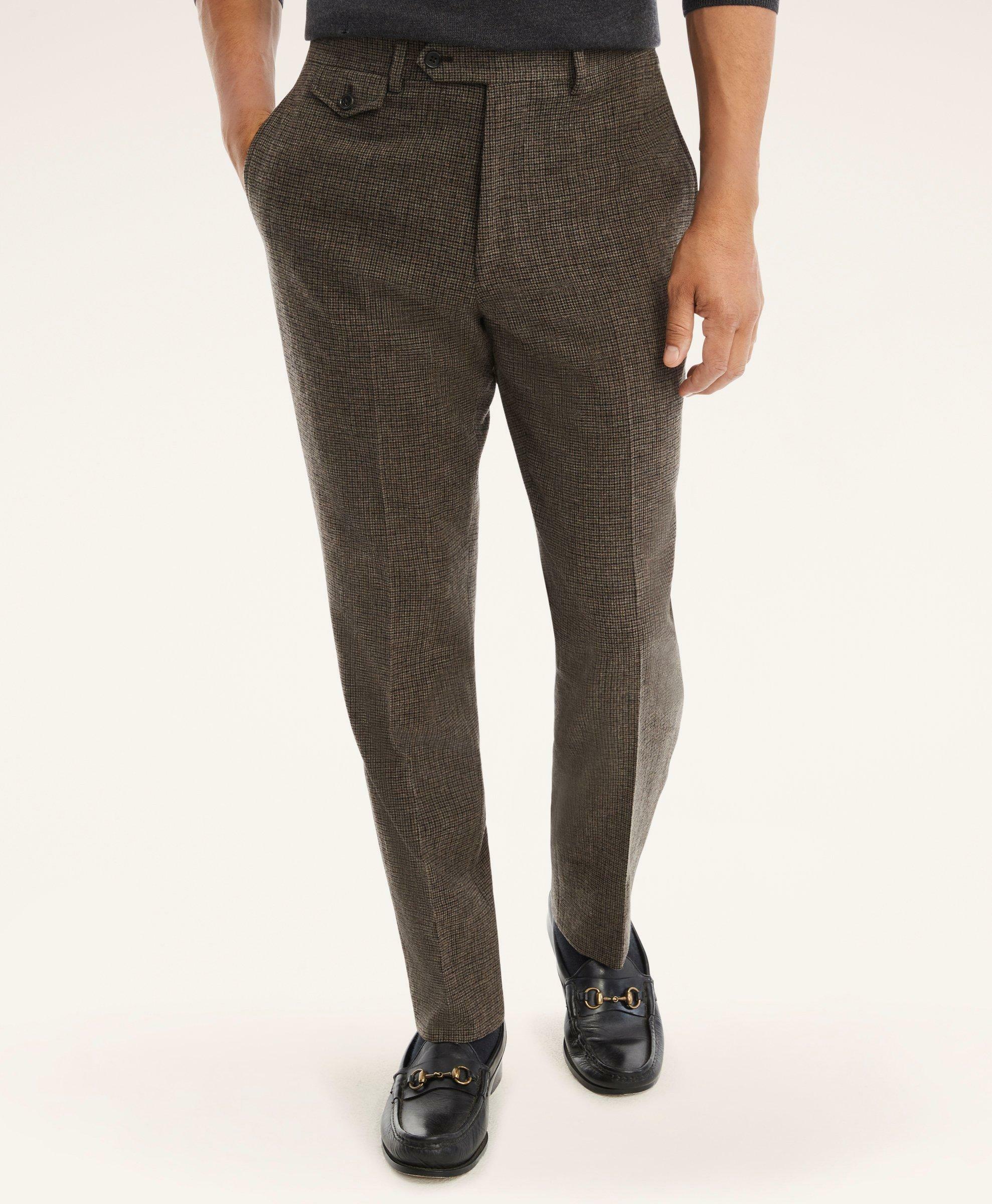 Photo: Brooks Brothers Men's Milano Fit Merino Wool Flannel Mini-Houndstooth Suit Trousers | Brown