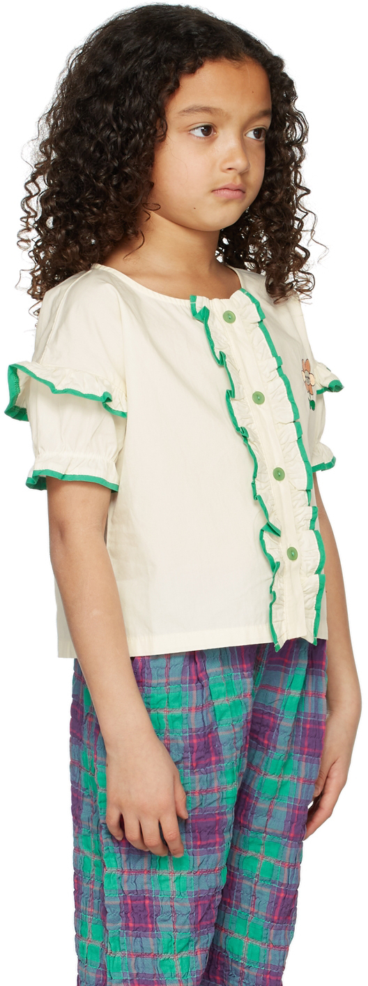 The Campamento Kids Off-White & Green Ruffle Trim Short Sleeve Shirt