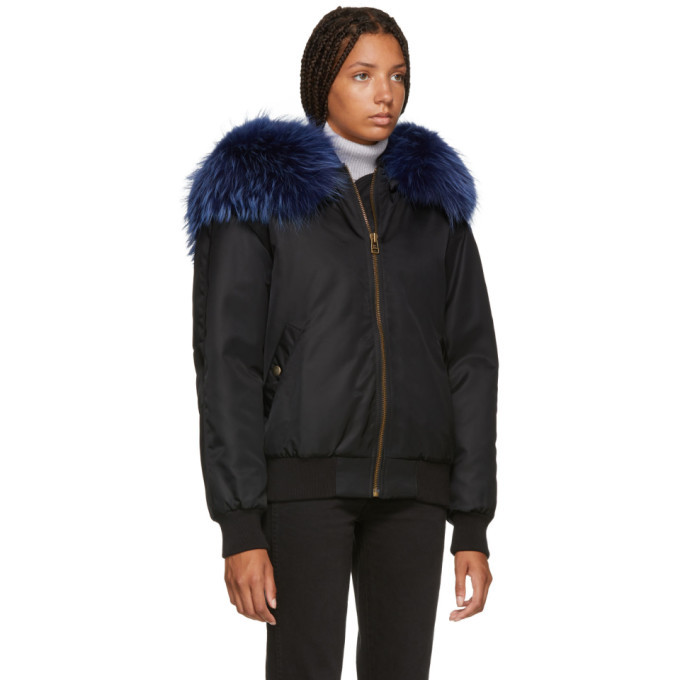 blue fur bomber jacket