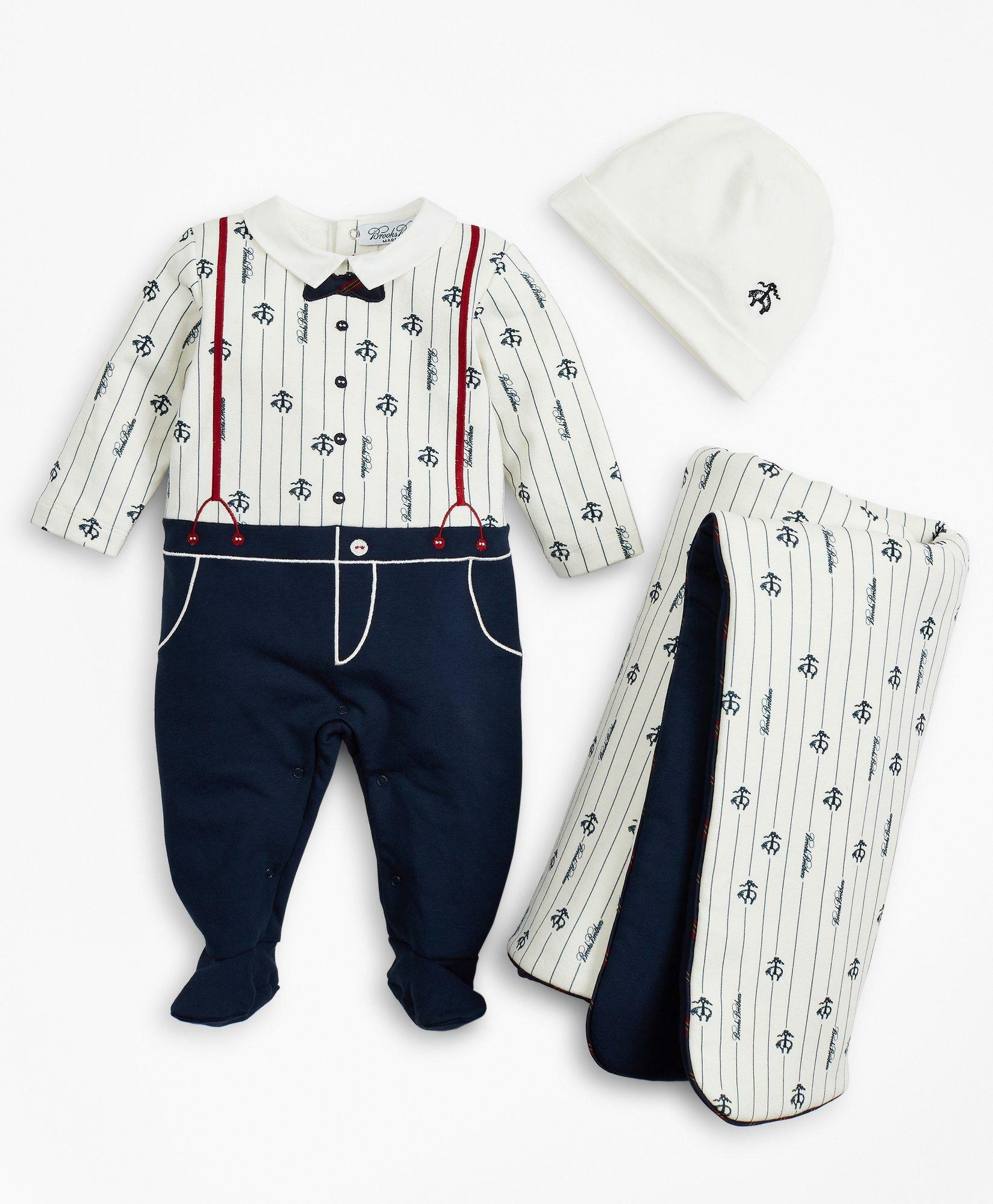 Photo: Brooks Brothers Boys Pinstripes & Suspenders Stretch Cotton Footie, Hat & Blanket Set - 6 Months | White