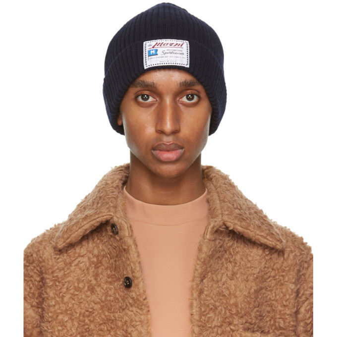 Marni Navy Rib Knit Wool Beanie Marni