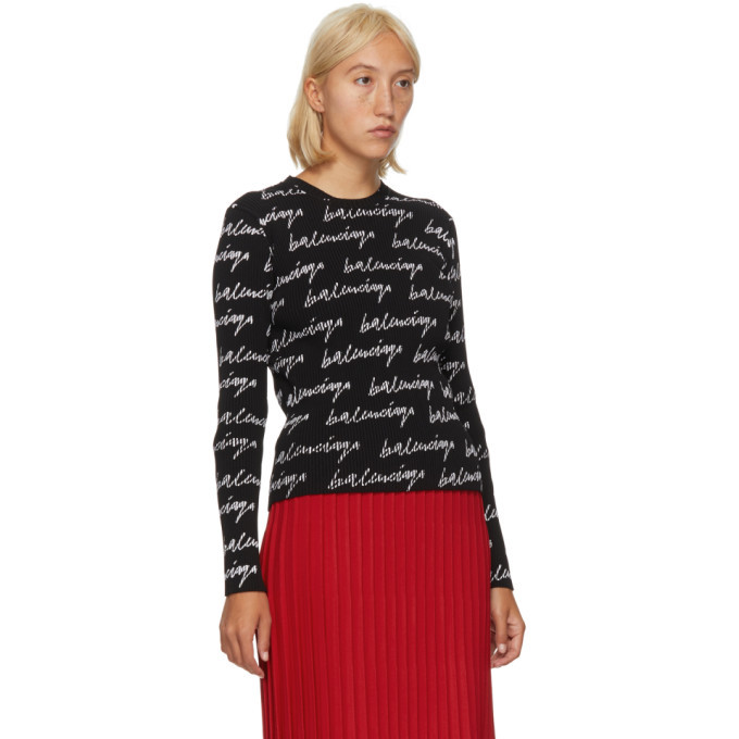 Balenciaga Black and White Rib All Over Signature Logo Sweater Balenciaga