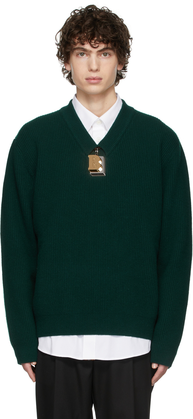 Photo: Burberry Green Letter Motif V-Neck Sweater