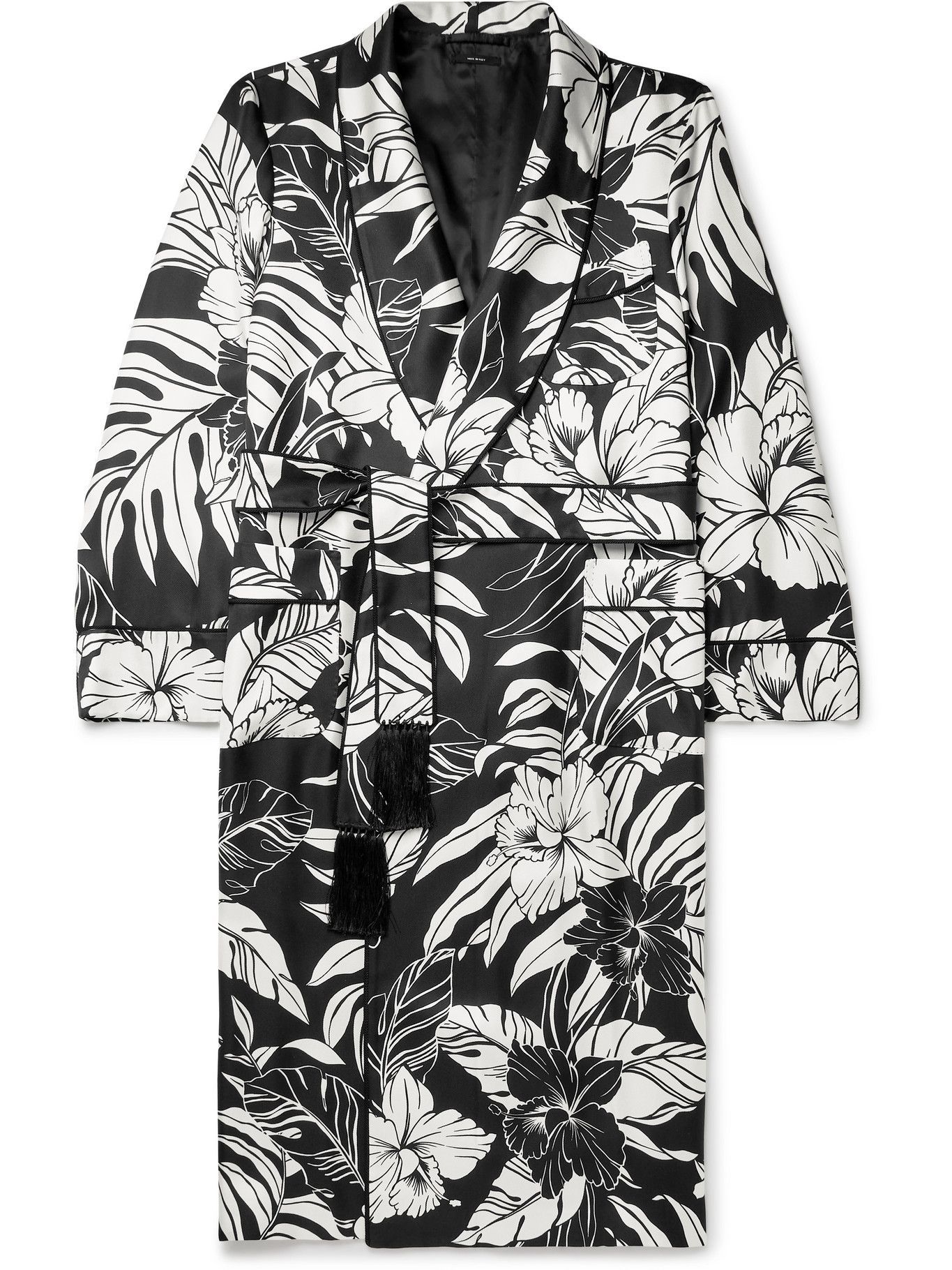 TOM FORD - Tasselled Piped Floral-Print Silk-Twill Robe - Black TOM FORD