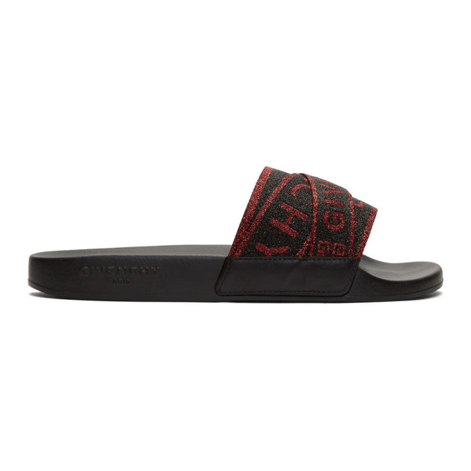 Red Glitter Flat Pool Slides Givenchy