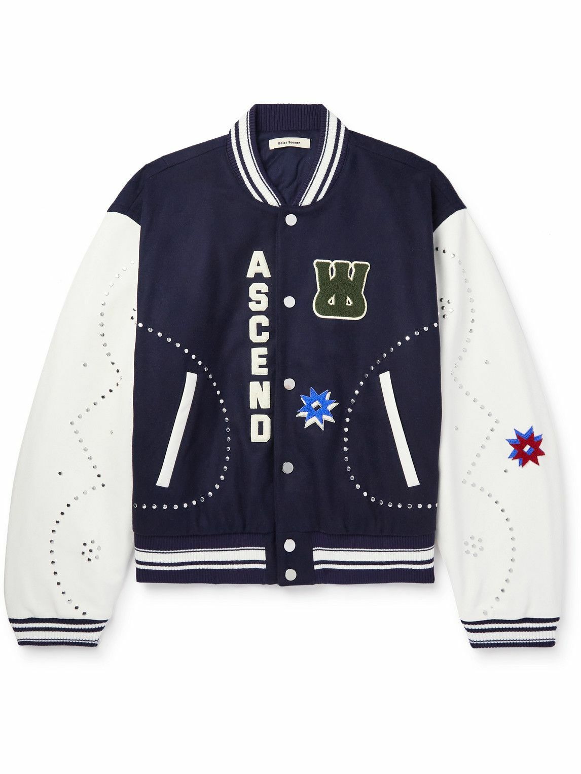 Wales Bonner Appliquéd Studded WoolBlend and Leather Varsity Jacket