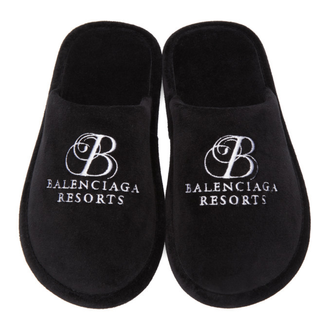 Balenciaga Black Towel Velvet Logo Slippers Balenciaga