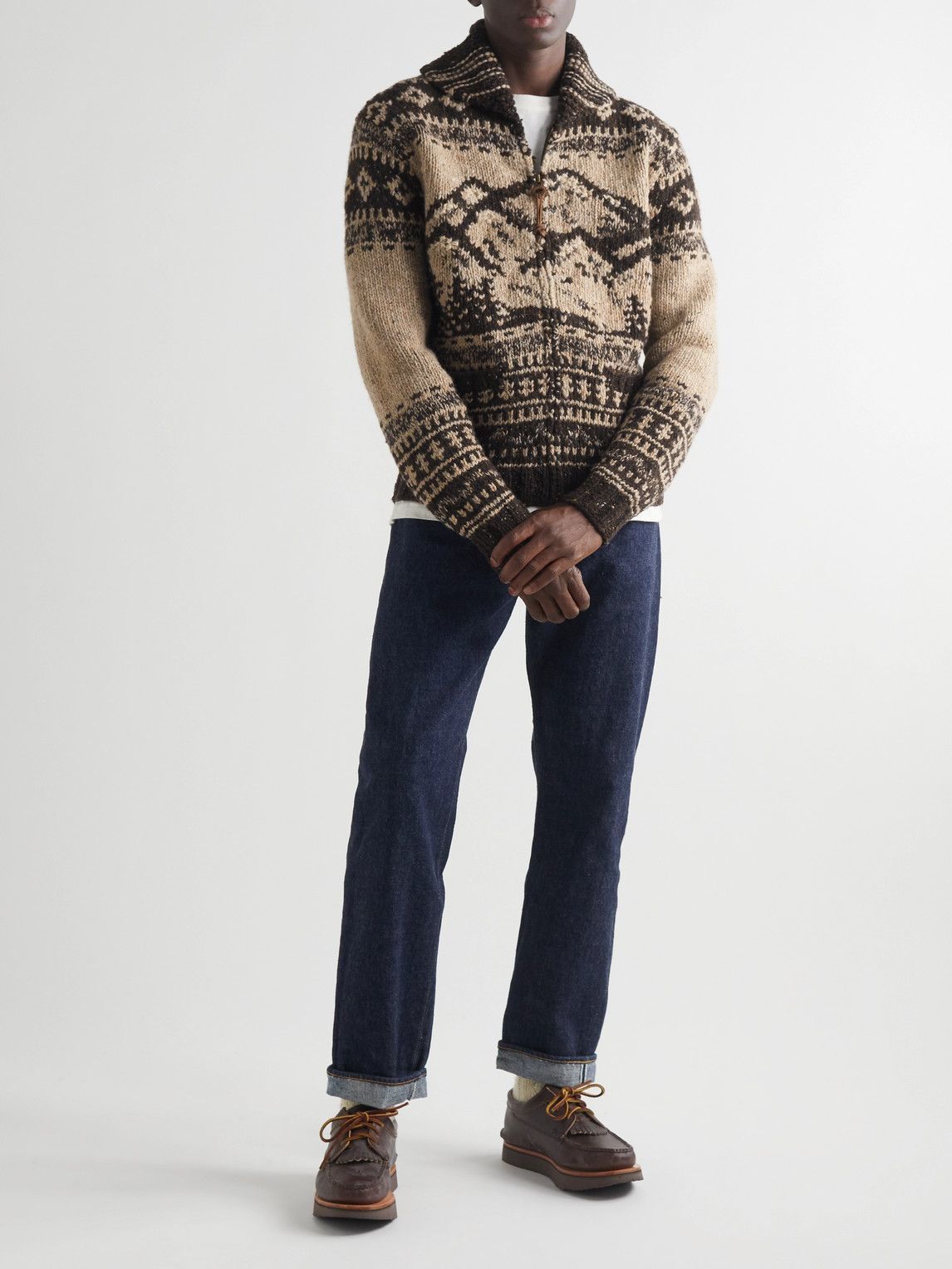 RRL - Shawl-Collar Intarsia Wool-Blend Zip-Up Cardigan - Brown RRL RRL - Shawl-Collar Intarsia Wool-Blend Zip-Up Cardigan - Brown RRL