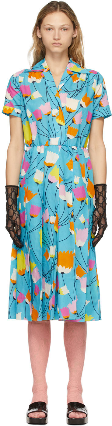Gucci Blue Tulip Print Pleated Dress Gucci