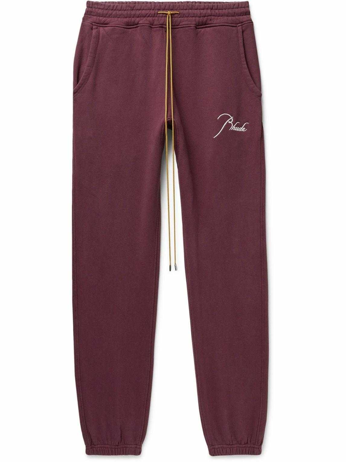 Photo: Rhude - Tapered Logo-Embroidered Cotton-Jersey Sweatpants - Burgundy