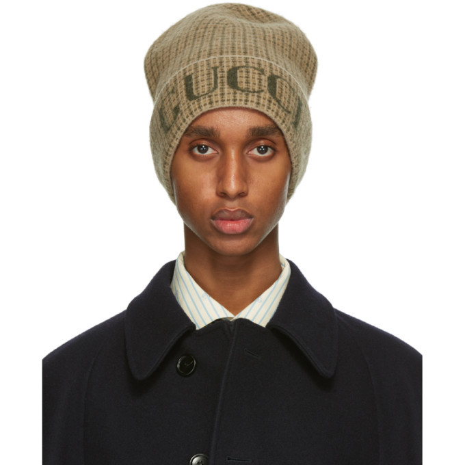 Gucci Beige and Green Wool Check Beanie Gucci