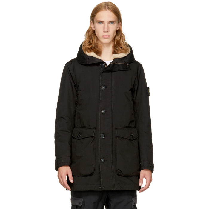 Stone Island Black Down Shearling Hooded Jacket Stone Island