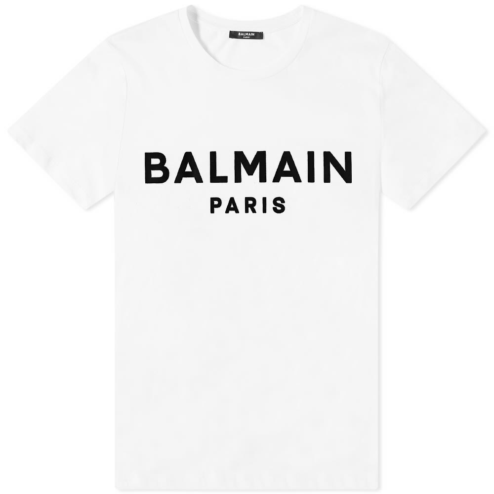 Photo: Balmain Men's Flocked Paris Logo T-Shirt in White/Black