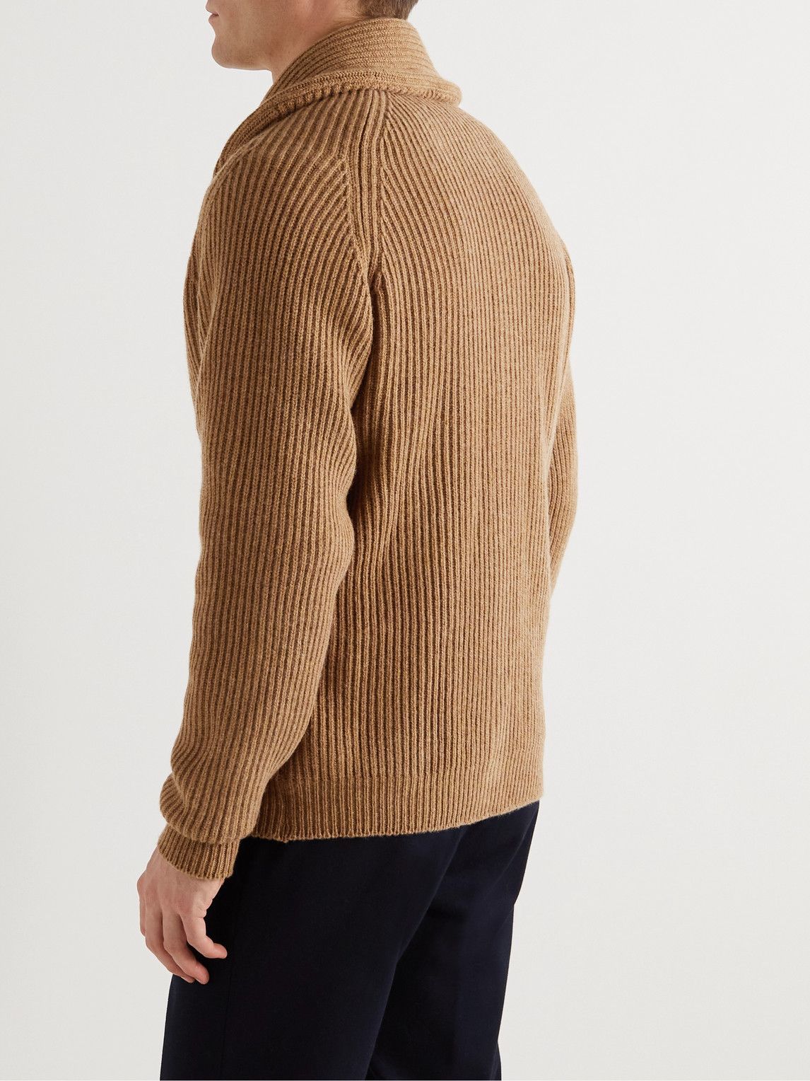 Drake's ShawlCollar Ribbed Wool Cardigan Brown Drake's