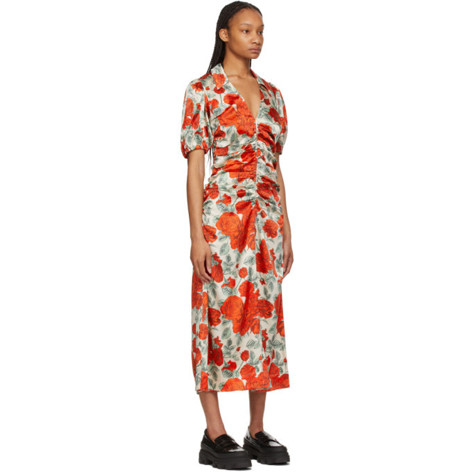 Milieuactivist Staat Nu GANNI Beige and Red Silk Floral Mid-Length Dress GANNI