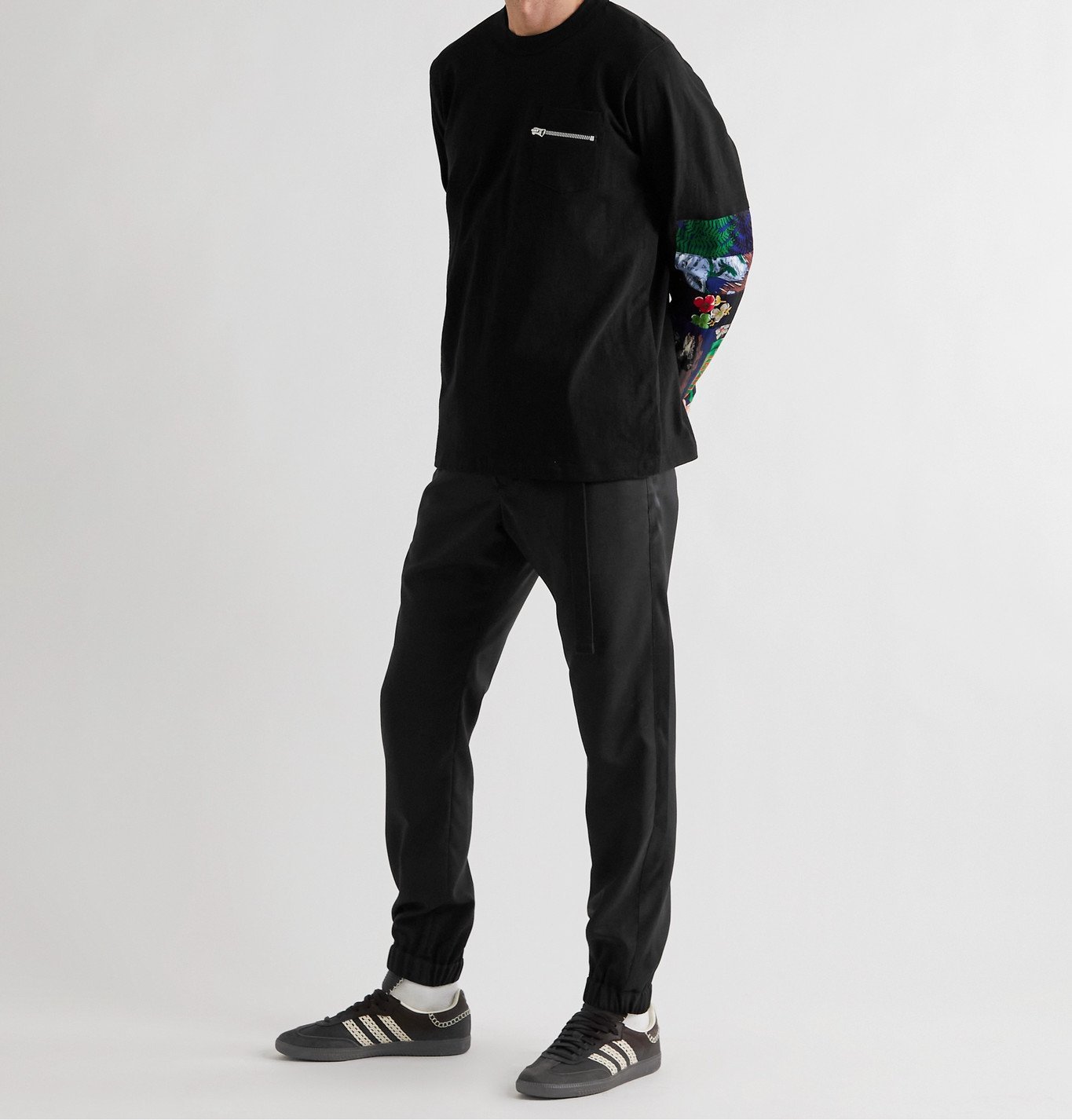 Sacai - Printed Poplin-Panelled Cotton-Jersey T-Shirt - Black Sacai