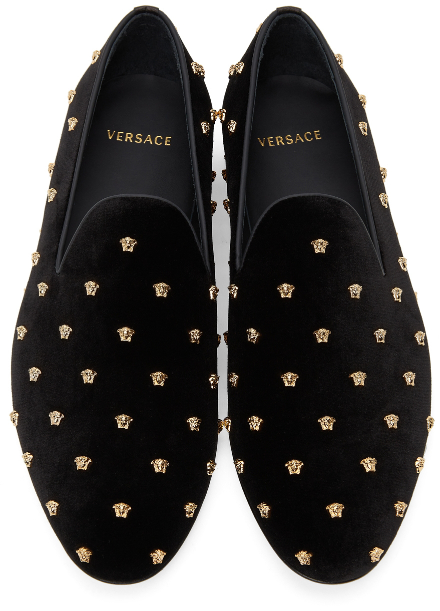 Versace Black Velvet Medusa Stud Loafers Versace
