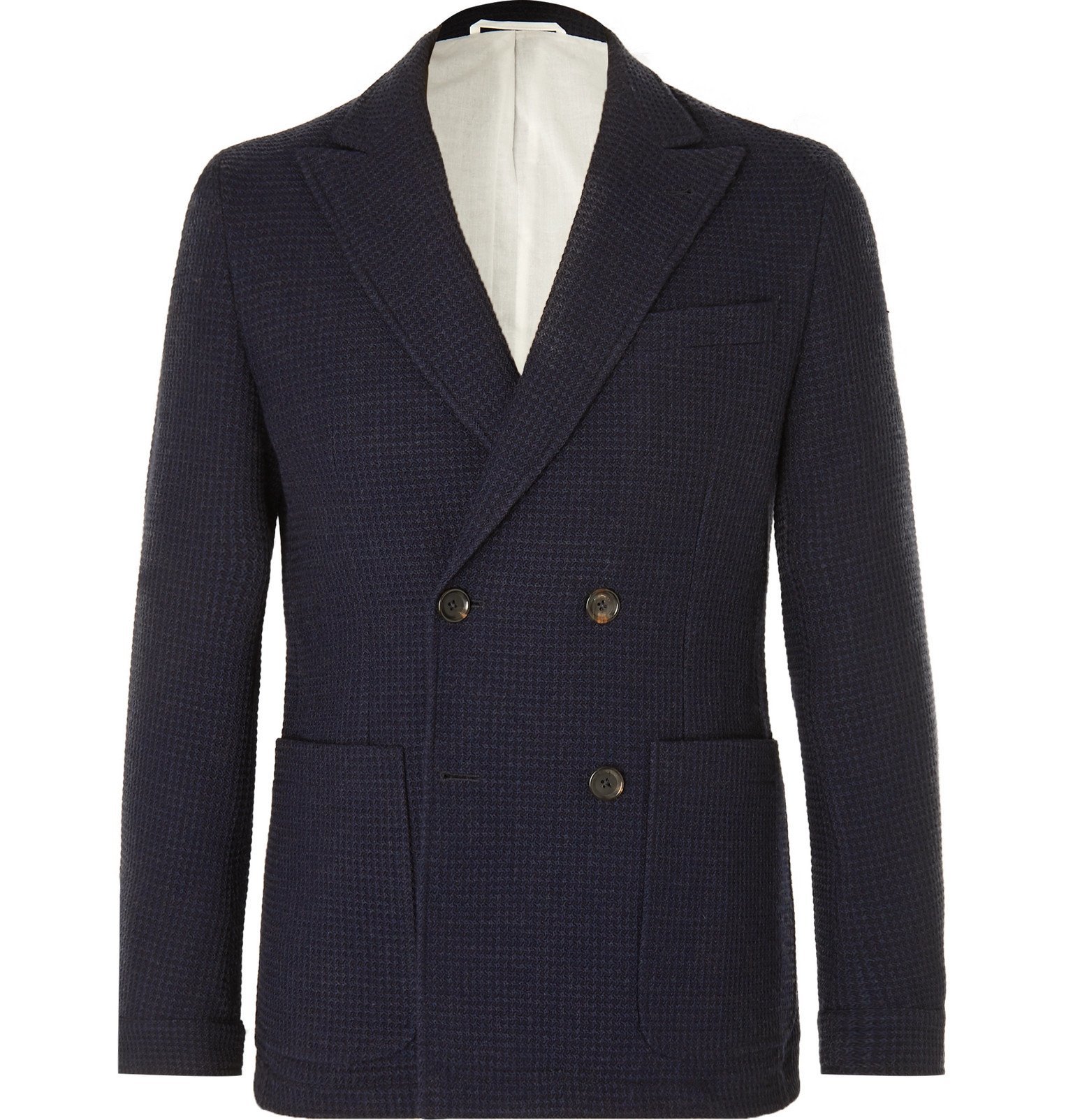 Photo: Oliver Spencer - Navy Onslow Unstructured Double-Breasted Basketweave Wool and Cotton-Blend Blazer - Blue