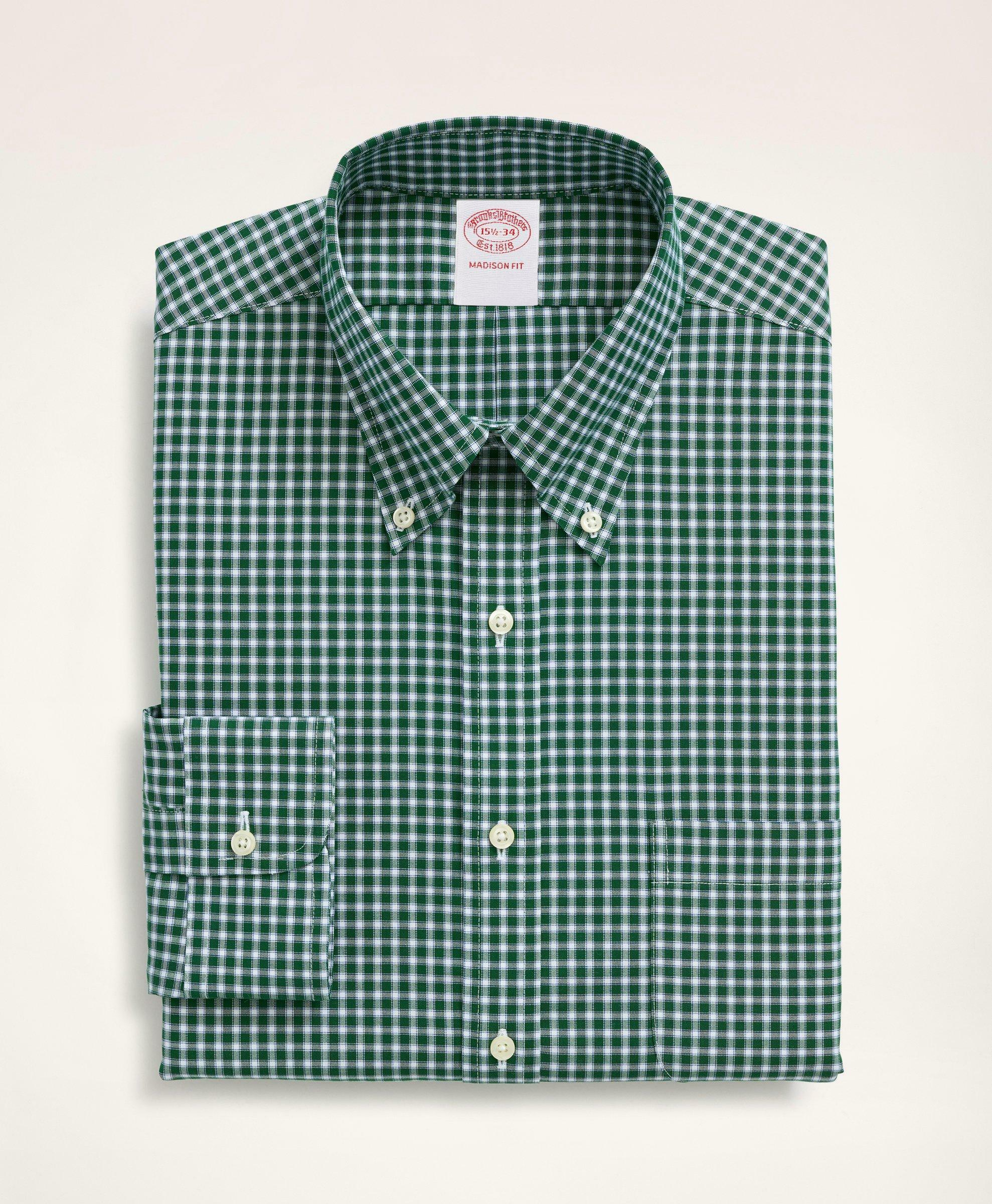 Brooks Brothers Men's Stretch Madison Relaxed-Fit Dress Shirt, Non-Iron Pinpoint Oxford Button Down Collar Gingham | Green