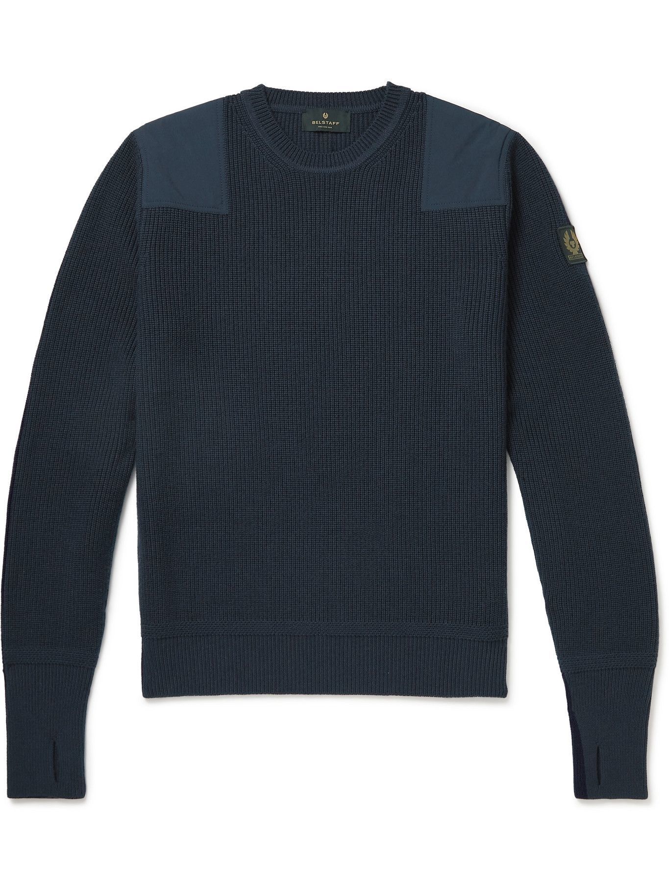 Belstaff - Brigade Shell-Panelled Ribbed Virgin Wool Sweater - Blue ...