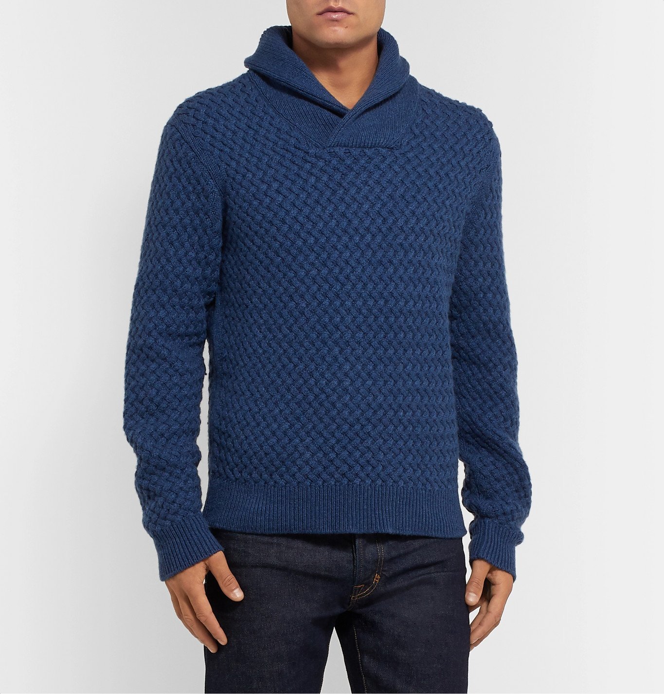 Isaia Slim Fit Shawl Collar Cable Knit Cashmere Sweater Blue Isaia