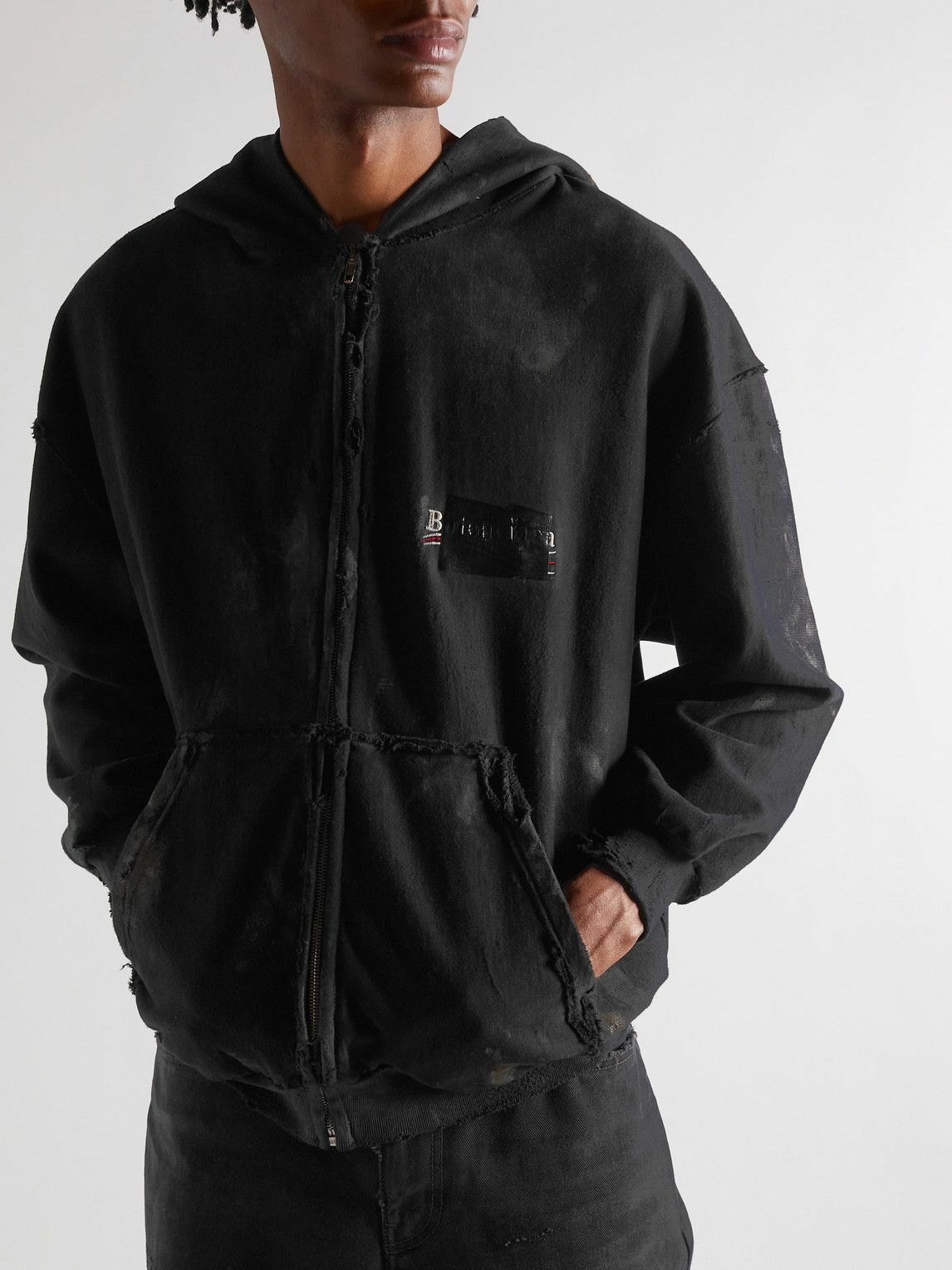 Balenciaga - Gaffer Logo-Embroidered Distressed Cotton-Jersey Zip-Up ...