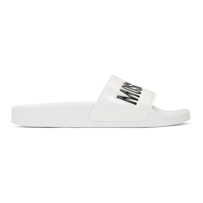 Moschino White Logo Pool Slides Moschino