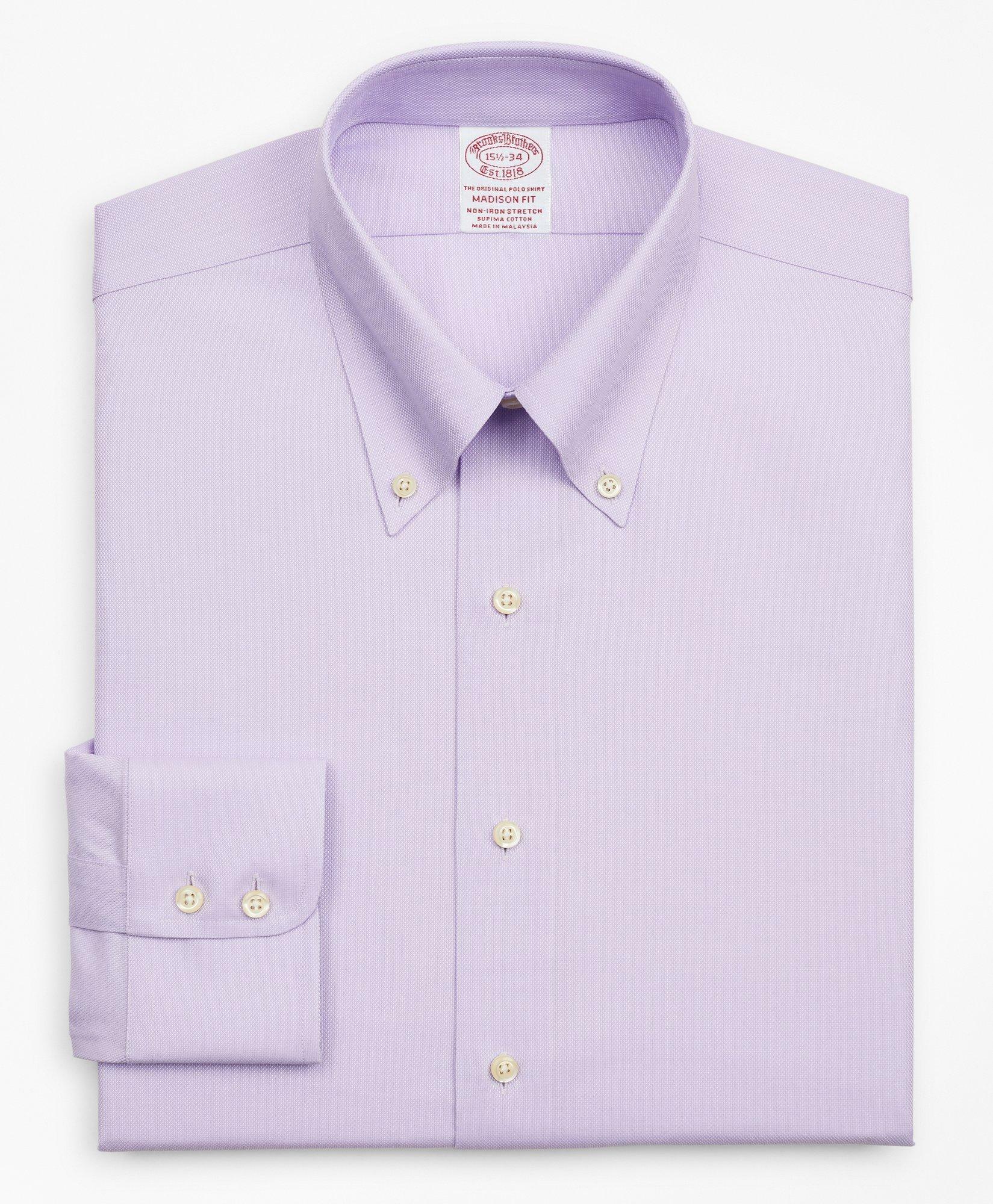 Brooks Brothers Men's Stretch Madison Relaxed-Fit Dress Shirt, Non-Iron Royal Oxford Button-Down Collar | Lavender