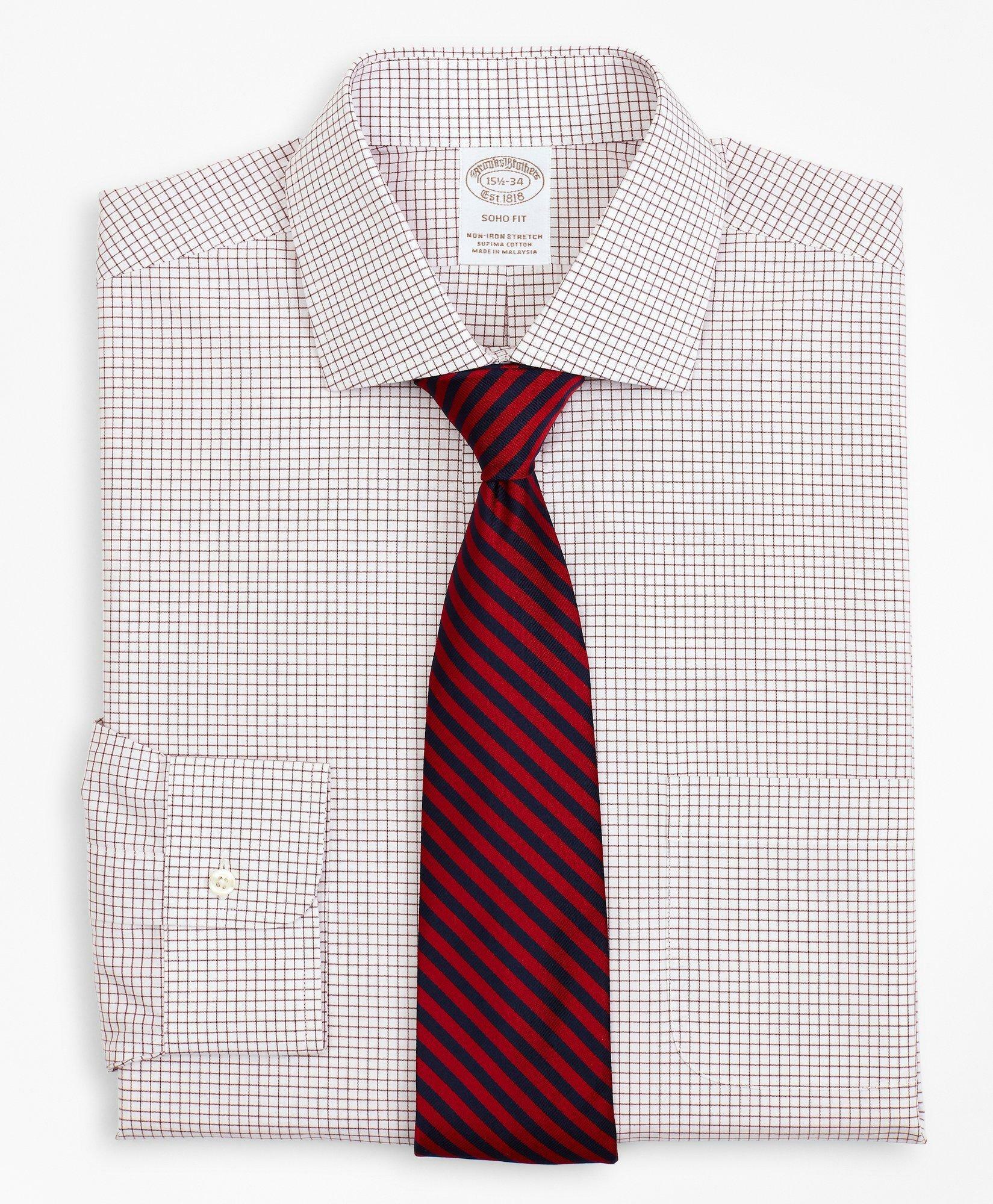 Brooks Brothers Men's Stretch Soho Extra-Slim-Fit Dress Shirt, Non-Iron Poplin English Collar Small Grid Check | Red