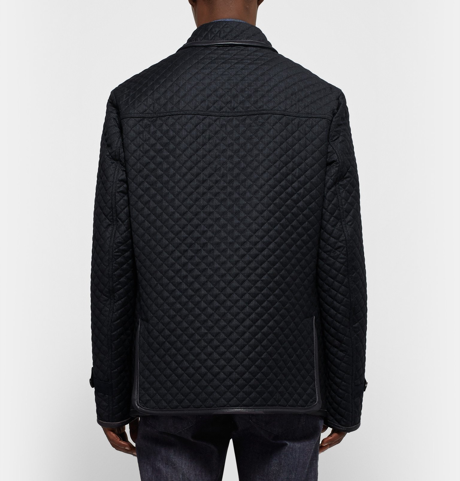 Brioni - Leather-Trimmed Quilted Checked Wool Field Jacket - Blue Brioni