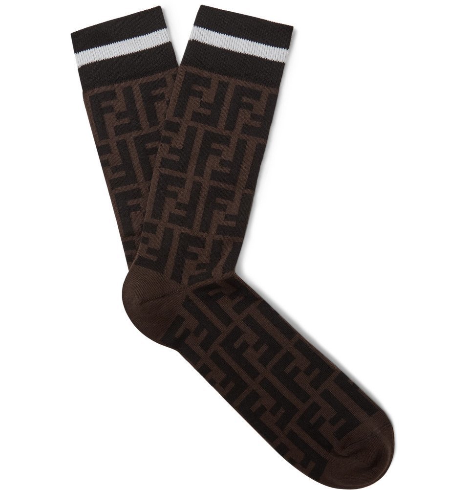 Fendi - Logo-Intarsia Stretch Cotton-Blend Socks - Men - Brown Fendi