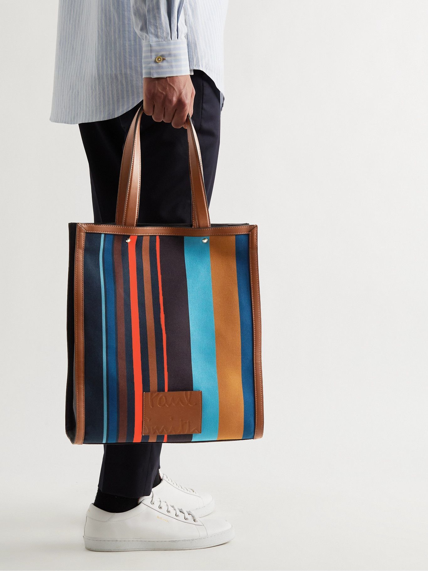 PAUL SMITH - Leather-Trimmed Striped Recycled Canvas Tote Bag Paul Smith