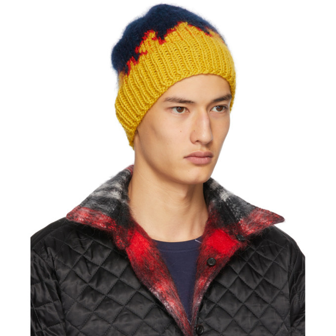 Bless Navy and Yellow Hand-Knit Flame Tongue Beanie Bless