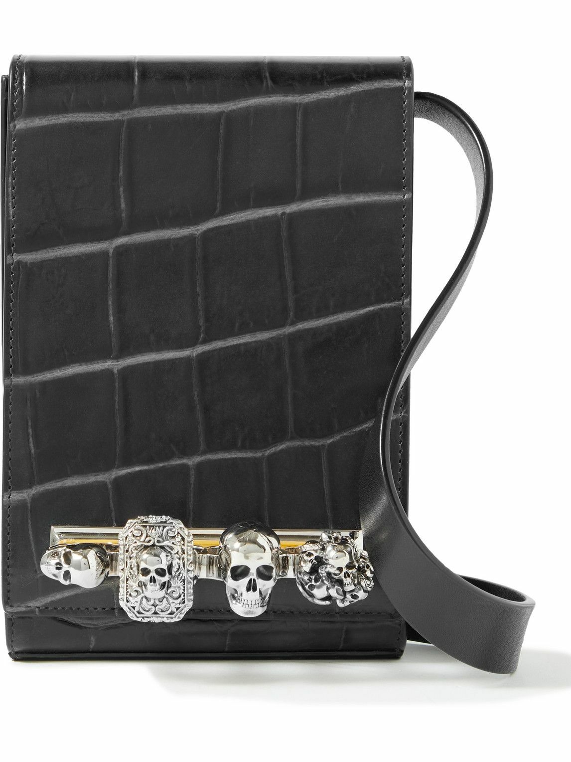 Alexander McQueen Embellished CrocEffect Leather Messenger Bag
