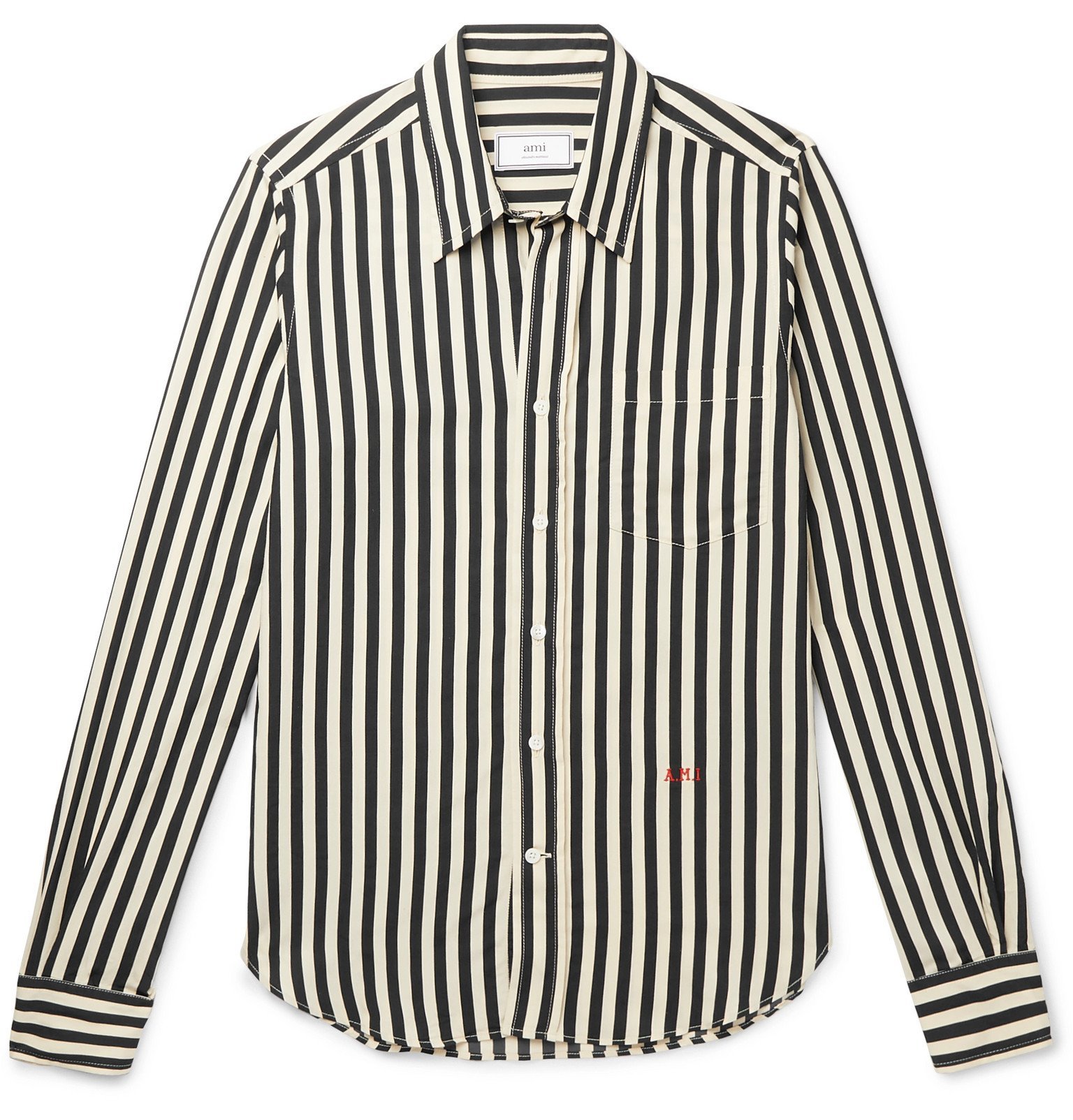 AMI - Slim-Fit Logo-Embroidered Striped Voile Shirt - Black AMI