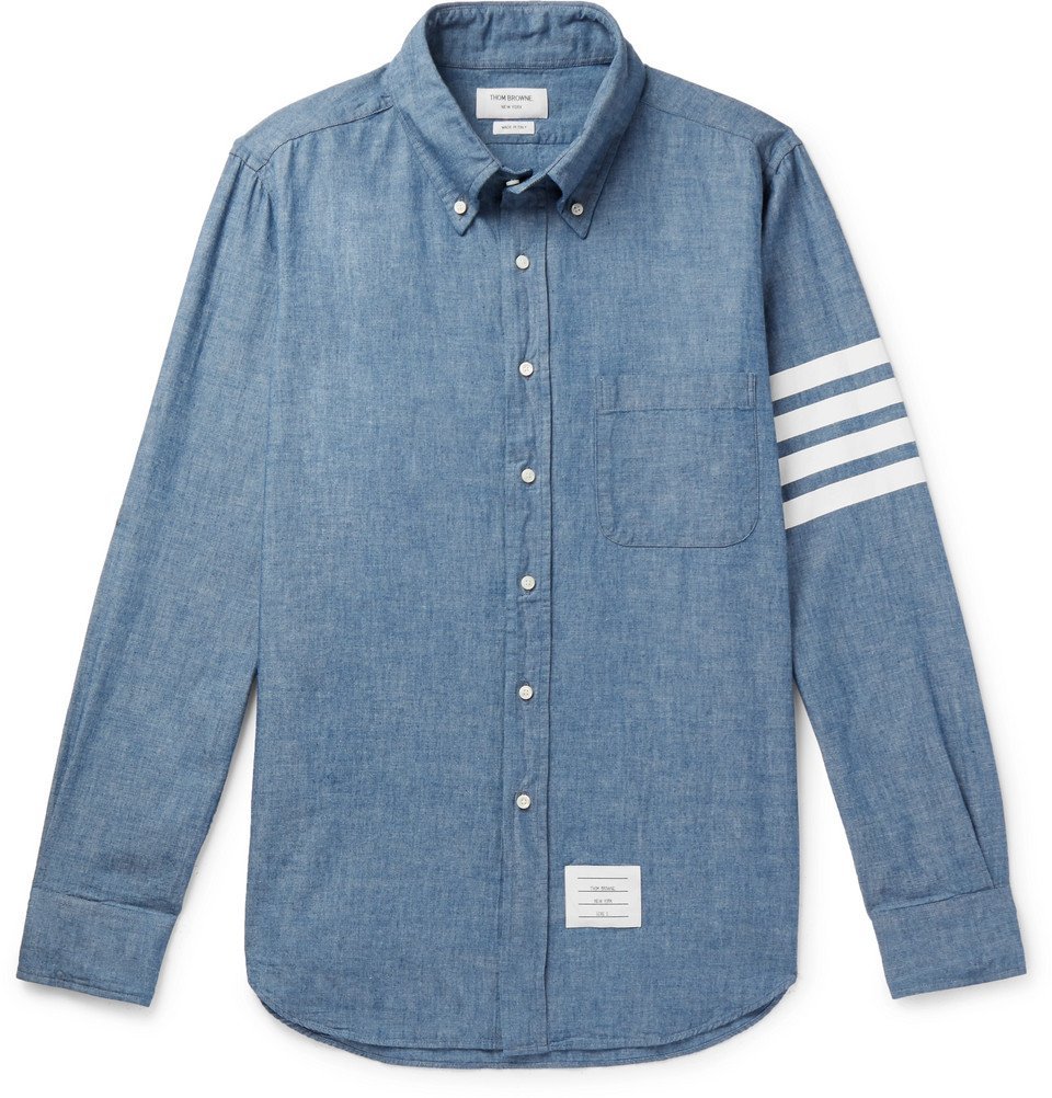Thom Browne - Button-Down Collar Striped Cotton-Chambray Shirt - Blue ...