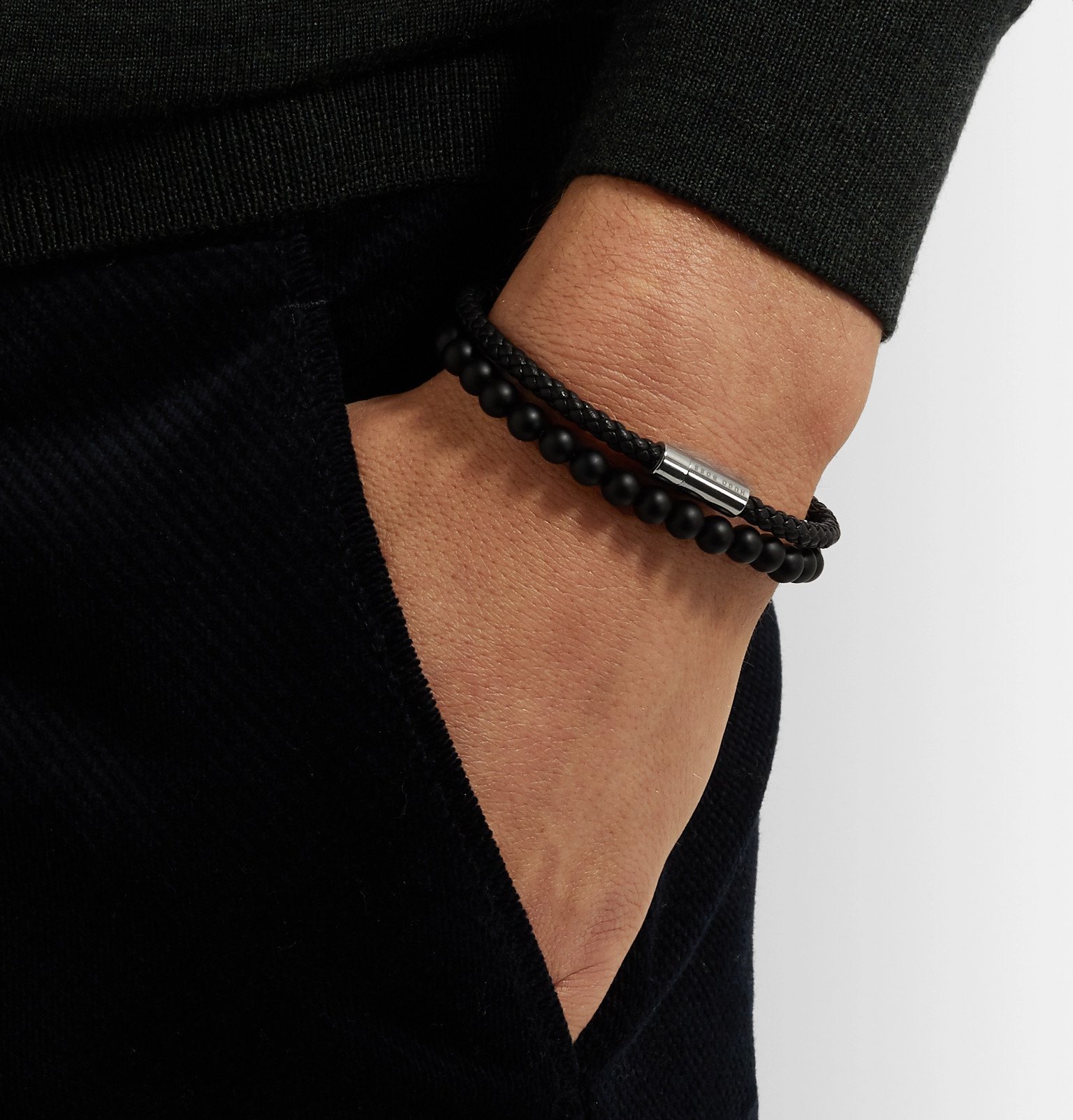 Hugo Boss - Braided Leather and Beaded Wrap Bracelet - Black Hugo Boss
