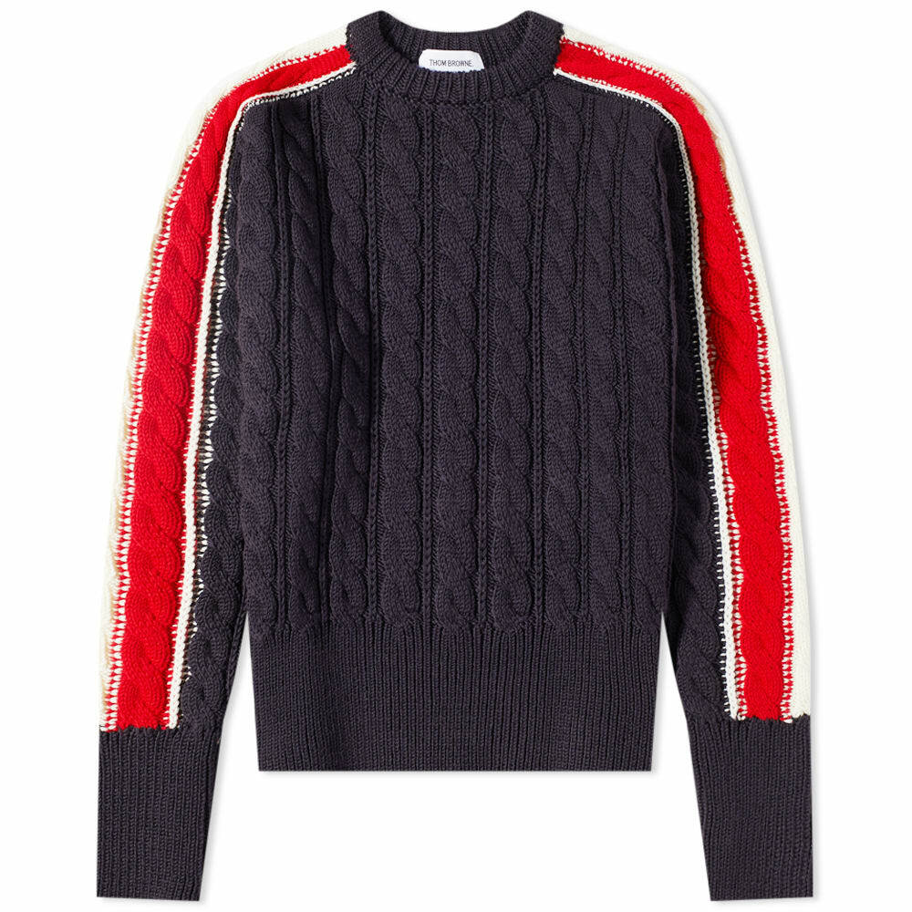 Thom Browne Men's Tricolour Sleeve Stripe Crew Cable Knit in Navy Thom ...