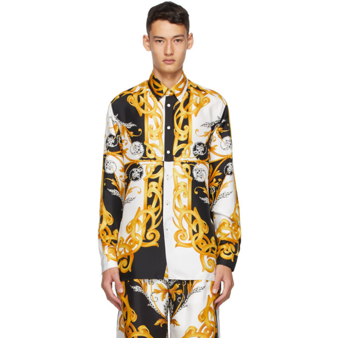 Versace White and Gold Silk Barocco Shirt Versace