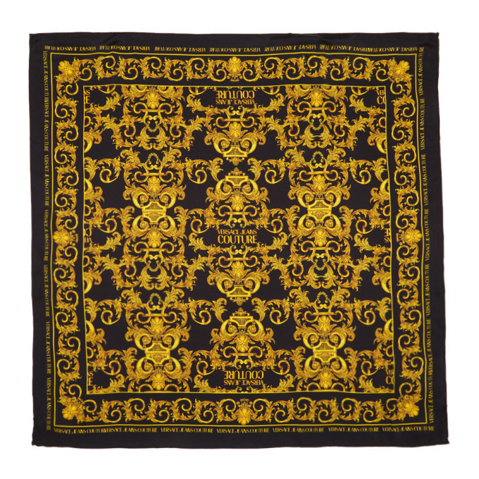 Versace Jeans Couture Black and Gold Silk Baroque Logo Scarf Versace