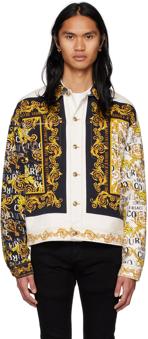 Versace Jeans Couture White & Yellow Printed Denim Jacket Versace