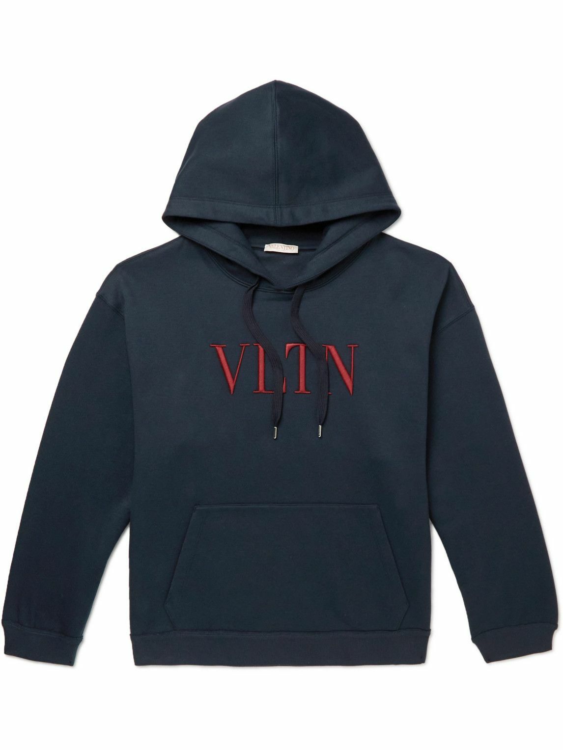 Photo: Valentino - Logo-Embroidered Cotton-Blend Jersey Hoodie - Blue