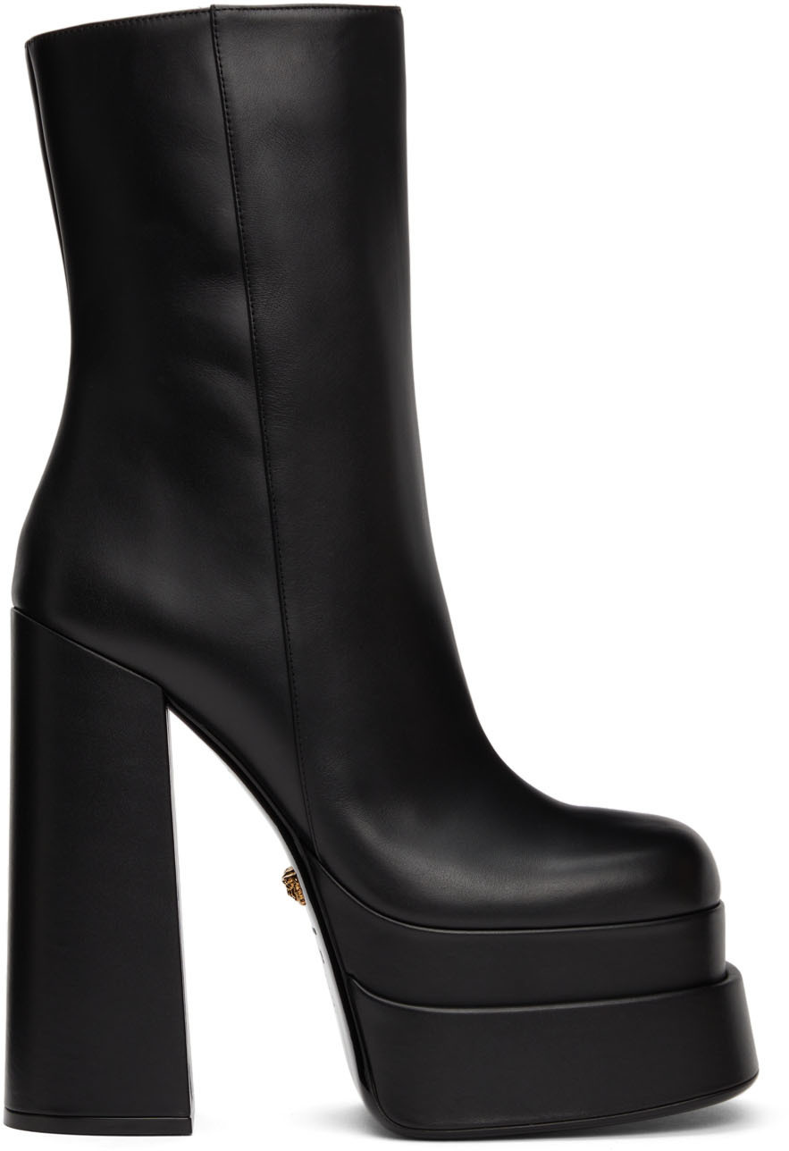 Versace Black Leather Intrico Heeled Boots Versace