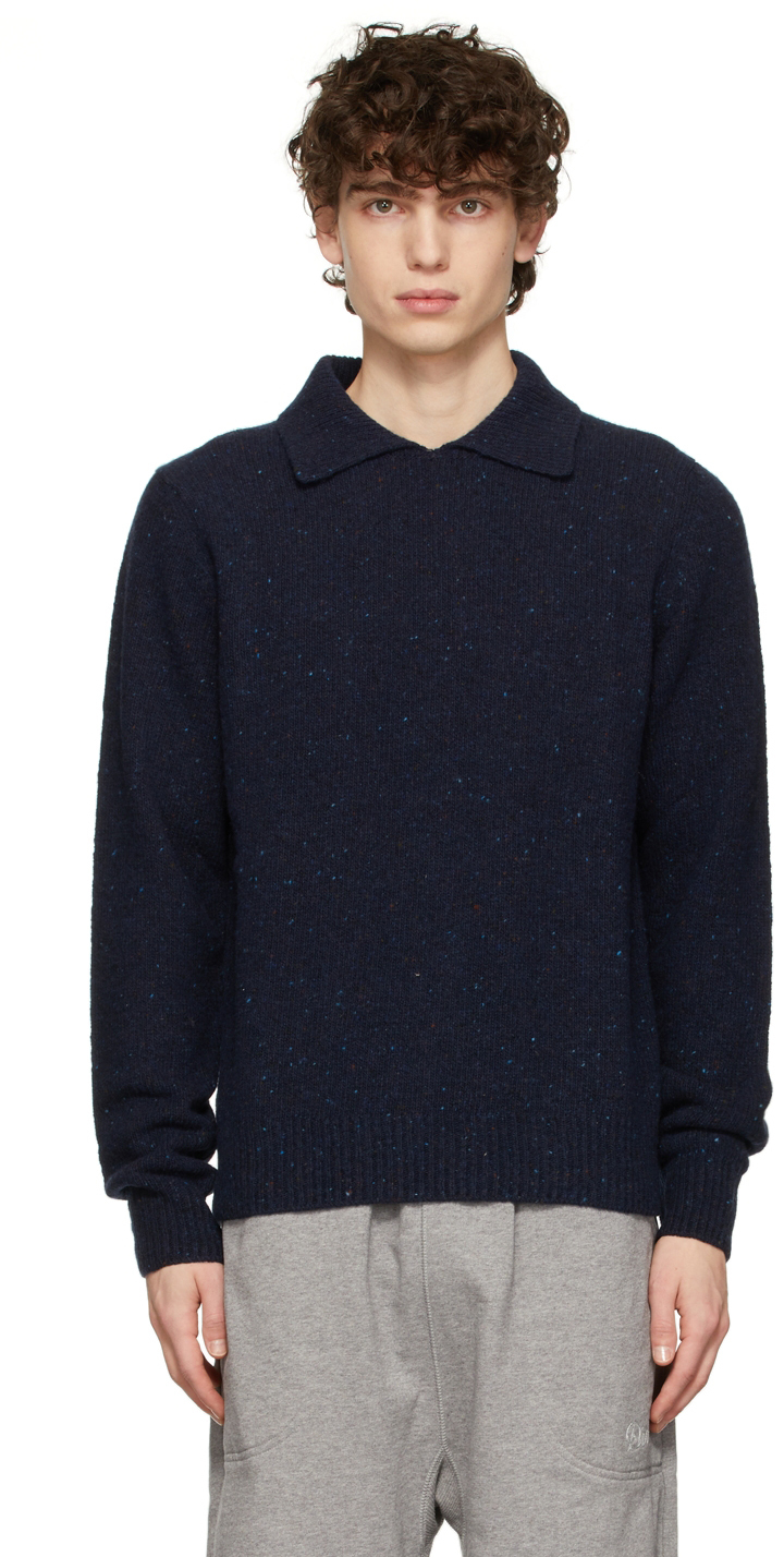 Drake's Navy Integral Collar Sweater Drake's