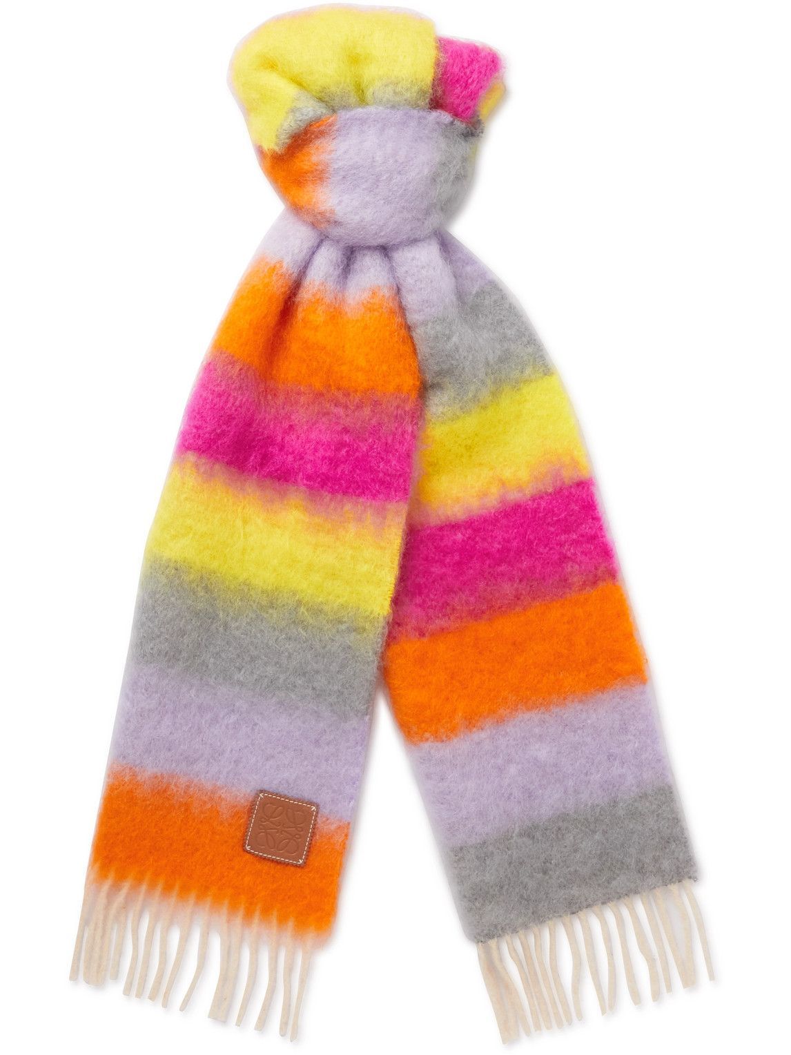 Loewe - Logo-Appliquéd Fringed Striped Mohair and Wool-Blend Scarf Loewe