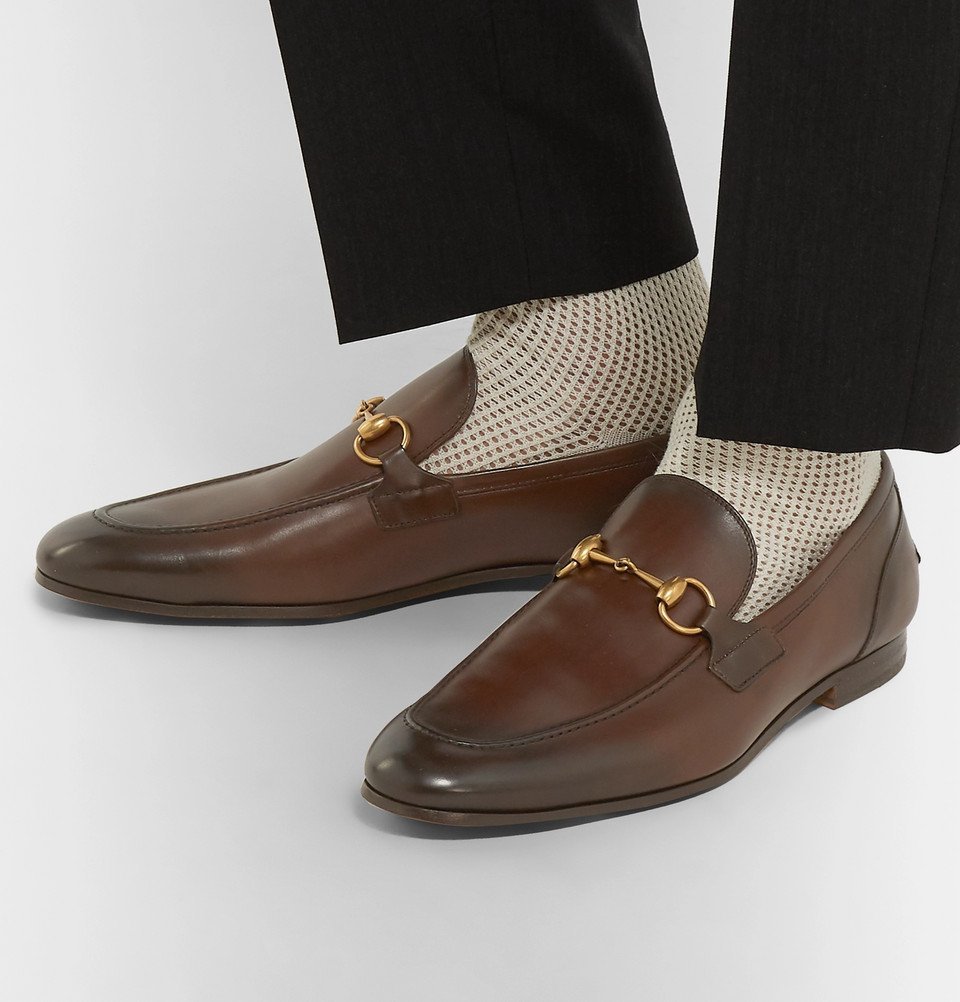 Gucci - Jordaan Horsebit Burnished-Leather Loafers - Dark brown Gucci