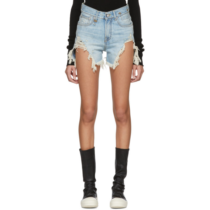 R13 Blue Denim Shredded Slouch Shorts R13