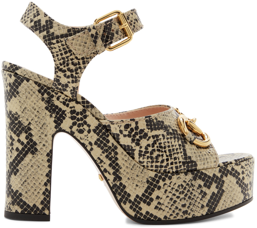 Gucci Beige & Brown Python Horsebit Heeled Sandals Gucci